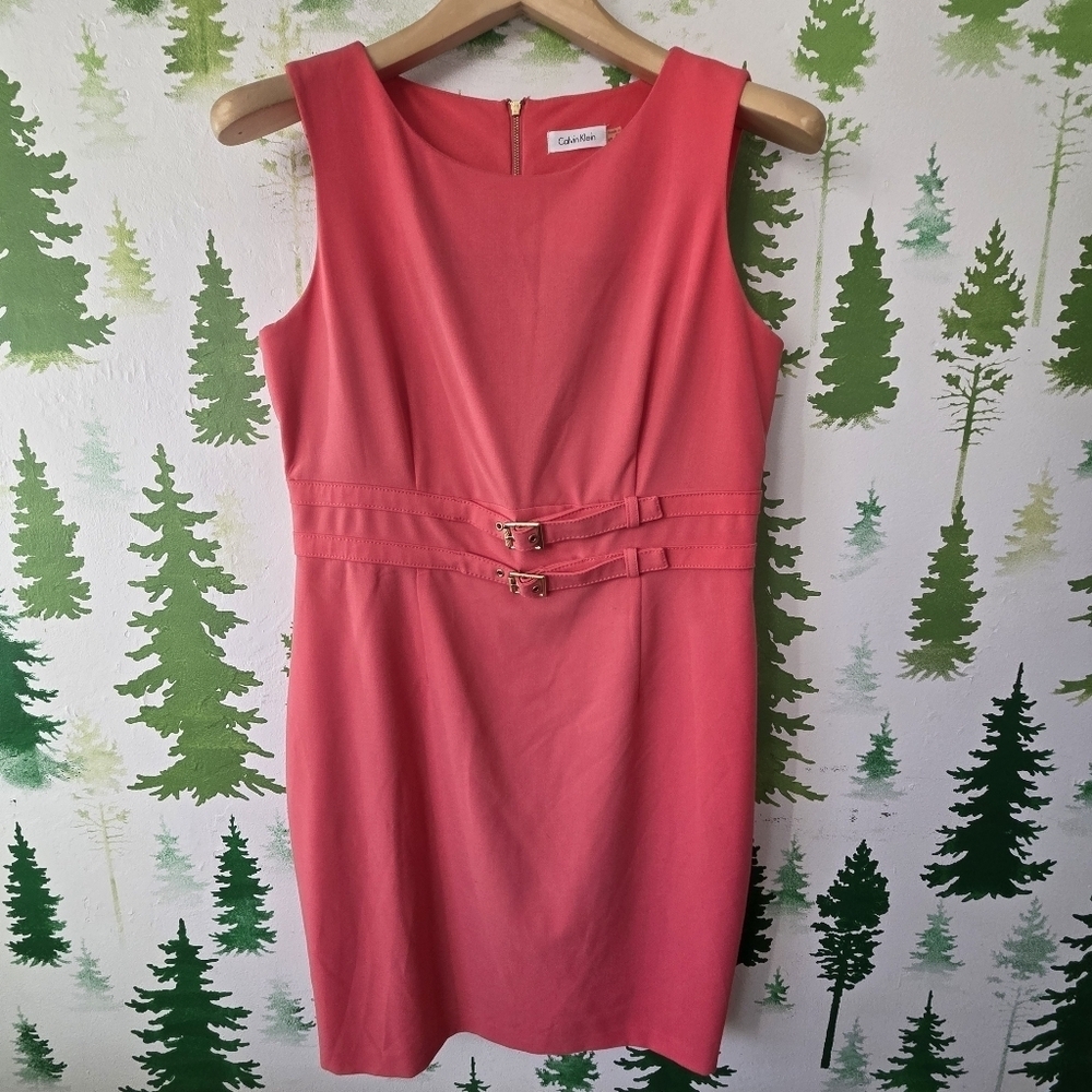 Coral Calvin Klrin Sleeveless Belted Dress